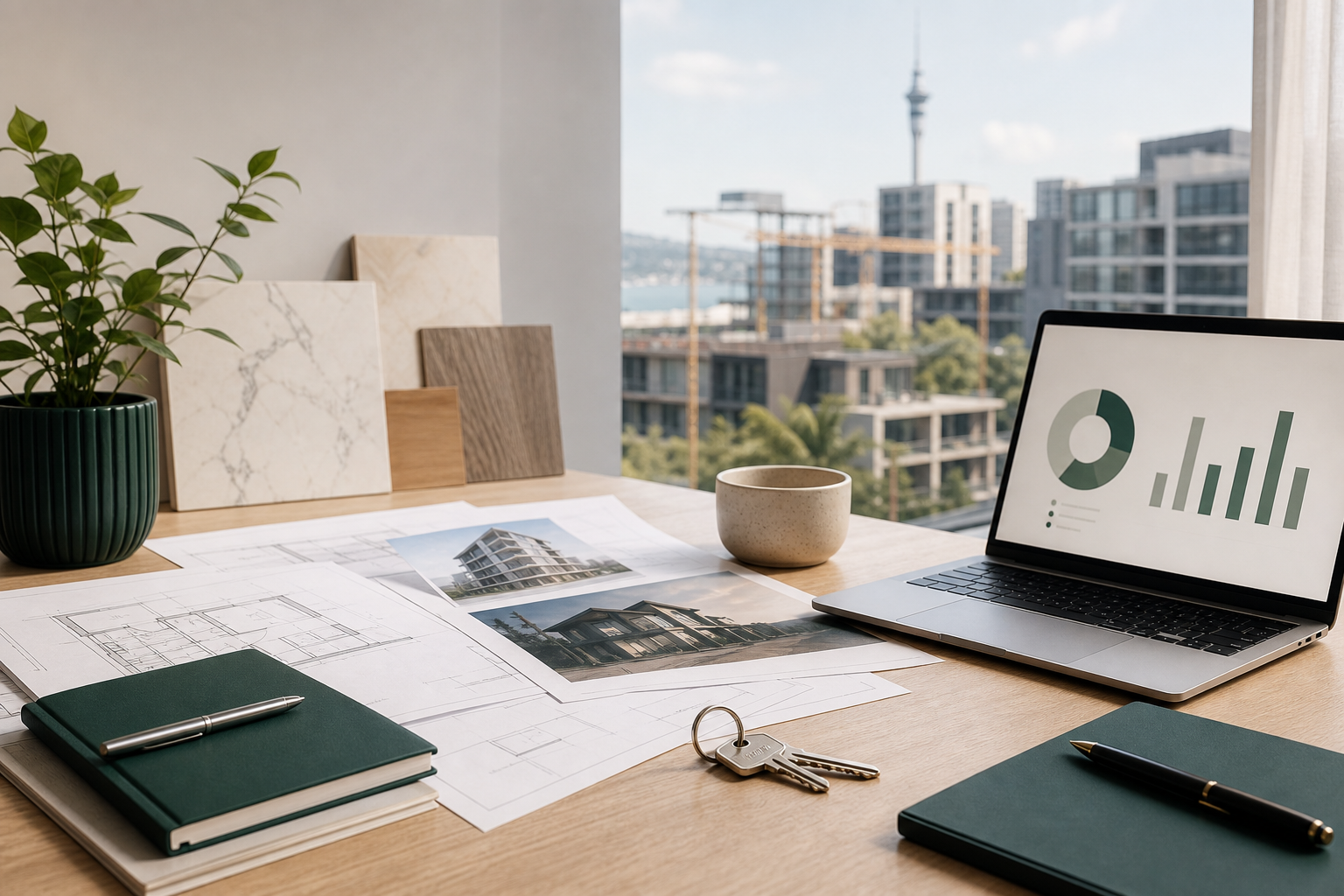Professional property finance advisory desk with plans, lending charts and home loan notes